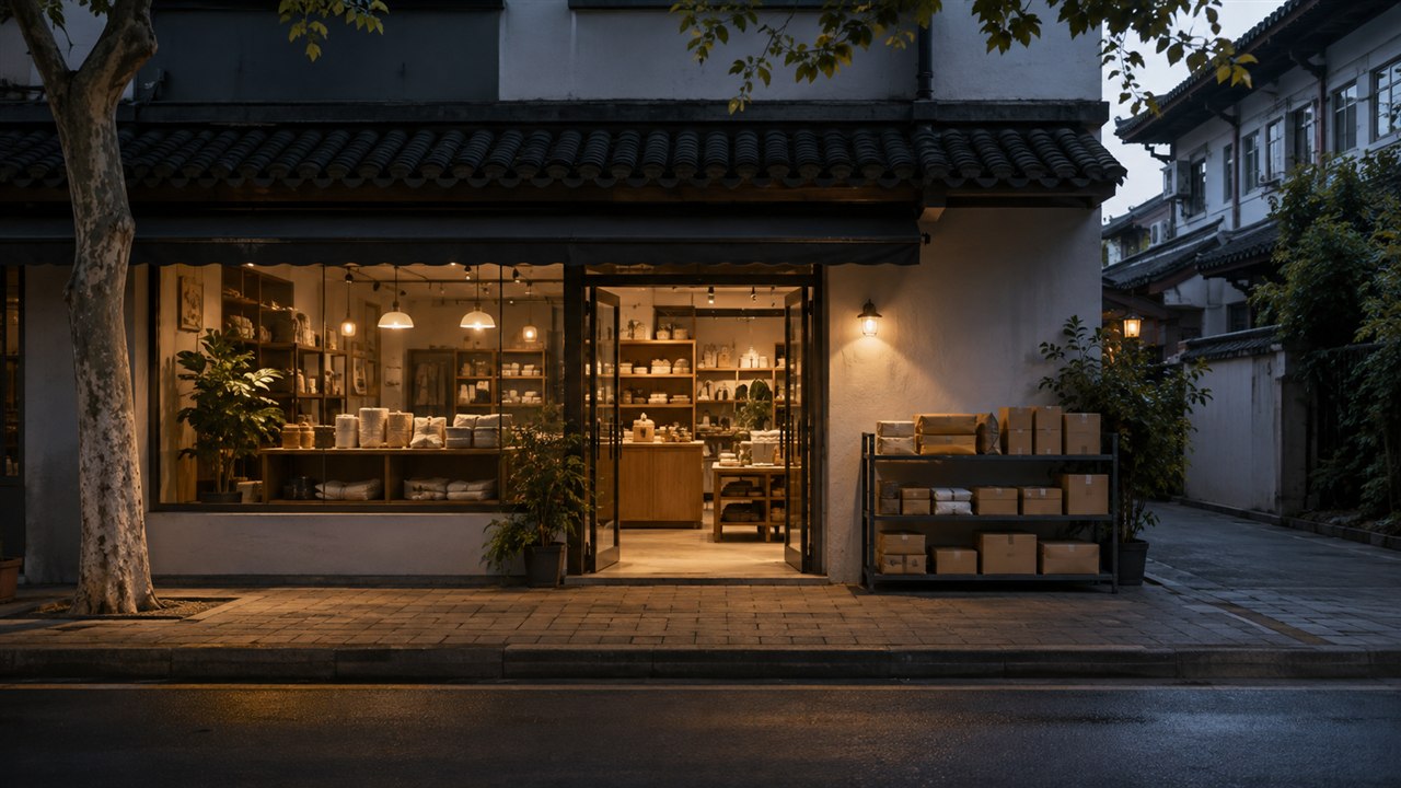 傍晚街边商店的到店消费与配送取货区域，示意不同收款场景，AI生成插图
